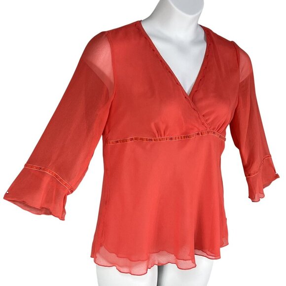 Y2K 90s Babydoll Top Womens L Red Chiffon Blouse 3/4 Bell Sleeve Sheer Ruffle - Picture 6 of 15
